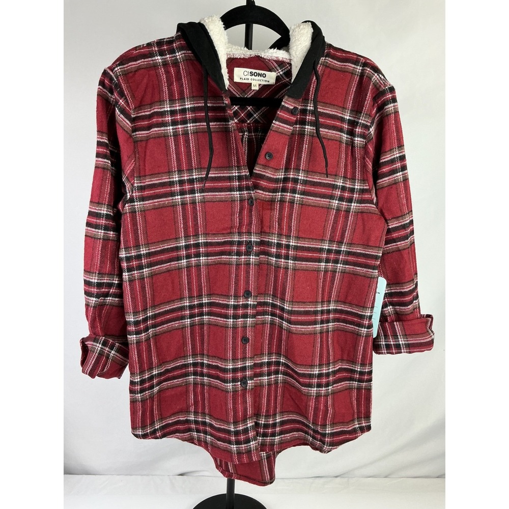 CiSono Plaid Collection Hooded Flannel Shirt Red Black Lilabeth Med Sherpa Hood